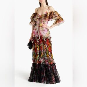 DUNDAS Cold-Shoulder Paneled Printed Plissé-Organza Gown